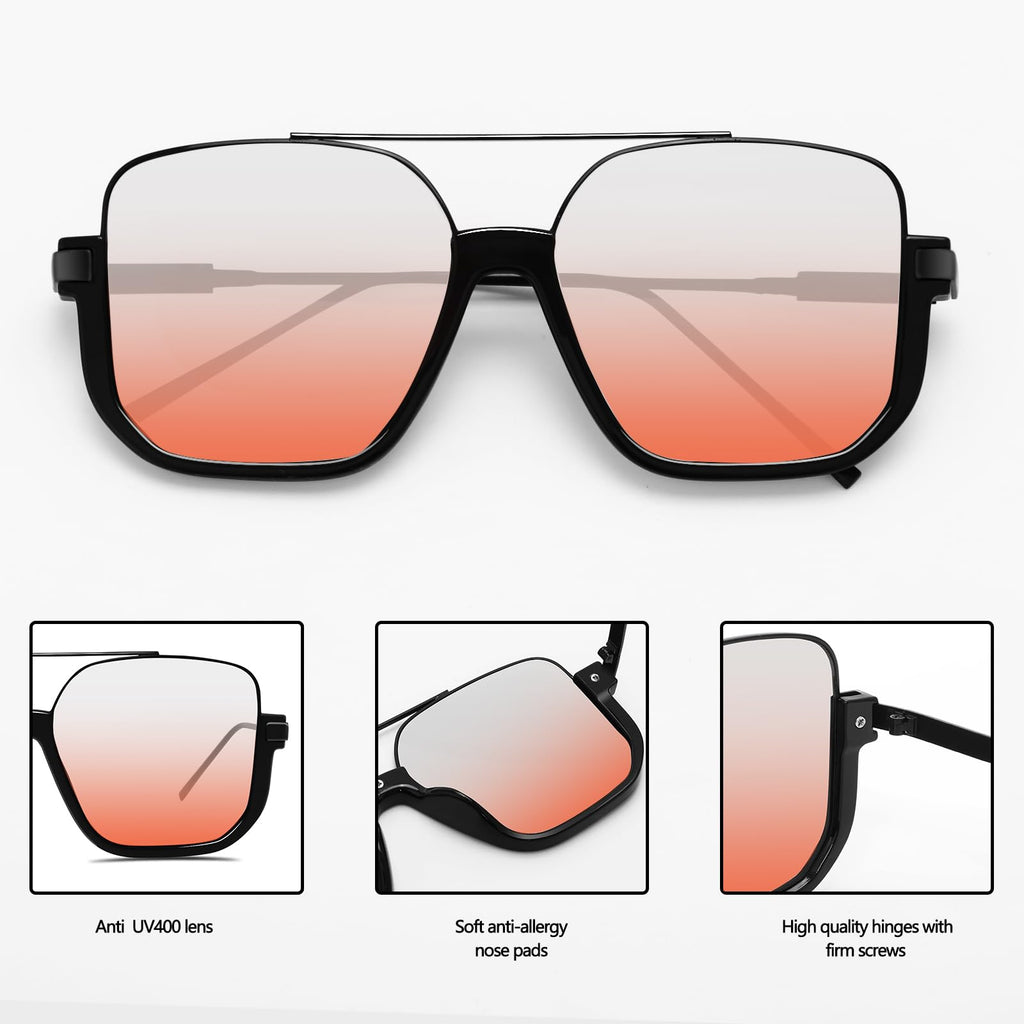 GUVIVI Retro Oversized Aviator Sunglasses for Women Men Square Double Bridge Pilot Sun Glasses 70s Trendy Shades