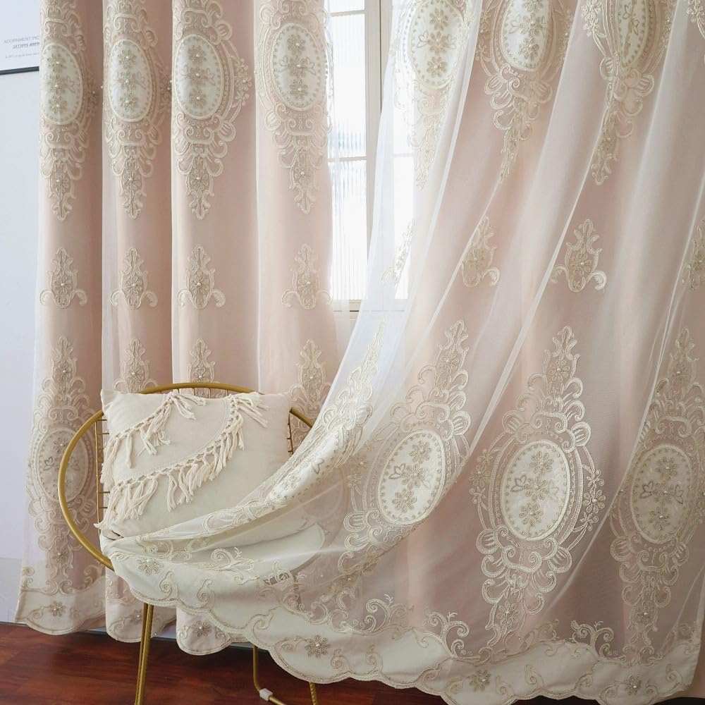 Amidoudou 1 Pair European Double Layer Curtains with Valances for Living Room Bedroom Luxury 3D Flower Embroidered Curtains (Yellow,52x96 Inch)