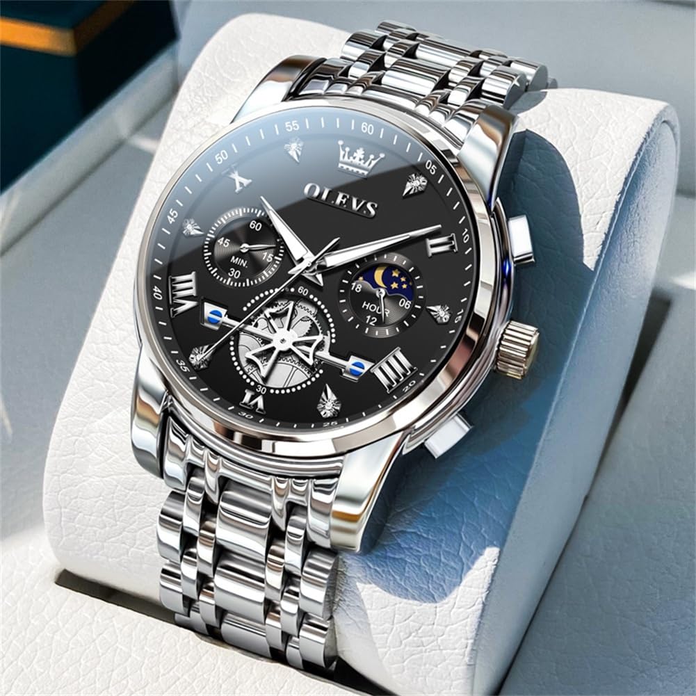 OLEVS Watches Men Waterproof Luxury Big Face Mens Watch Stainless Steel Quartz Analog Dress Watches for Men Luminous Multifunction Man Watch Relojes De Hombre