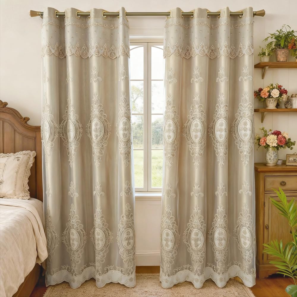 Amidoudou 1 Pair European Double Layer Curtains with Valances for Living Room Bedroom Luxury 3D Flower Embroidered Curtains (Yellow,52x96 Inch)