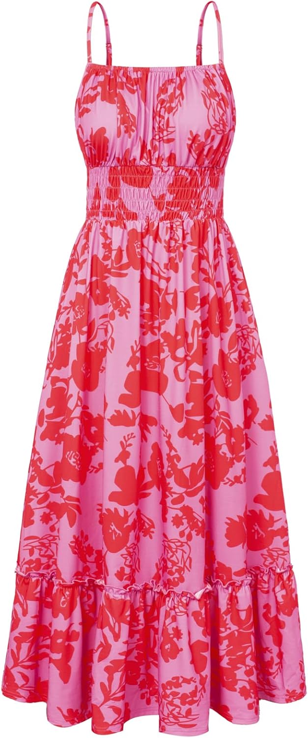 GRACE KARIN Summer Dresses for Women 2026 Vacation,Smocked Floral Maxi Dress,Boho Beach Sundress with Pocket Fashion Clothing