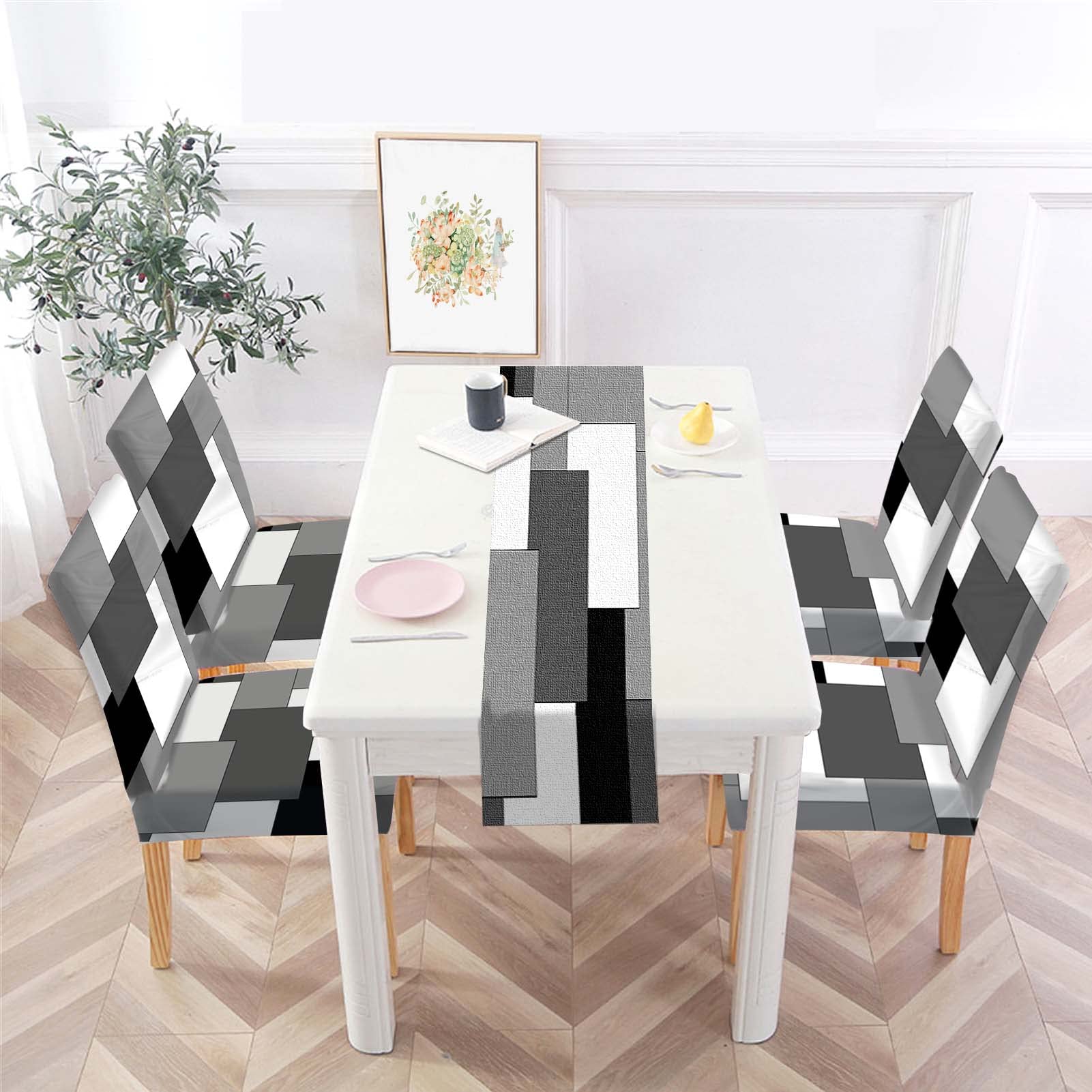 MCALK Geometric Navy Blue Chair Covers Set of 4 and Table Runner,Stretch Navy Blue Chair Slipcovers for Kitchen,Washable Removable Chair Protector Modern Chair Covers for Dining Room