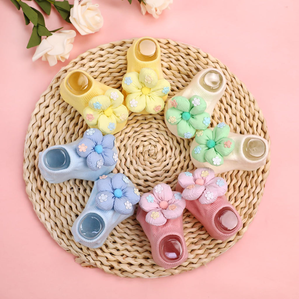 KEAINVRN 4Packs Baby Girls Socks,Flower Non-Slip Grips for Babies Toddler Princess Low Cut Ankle Socks for Girls