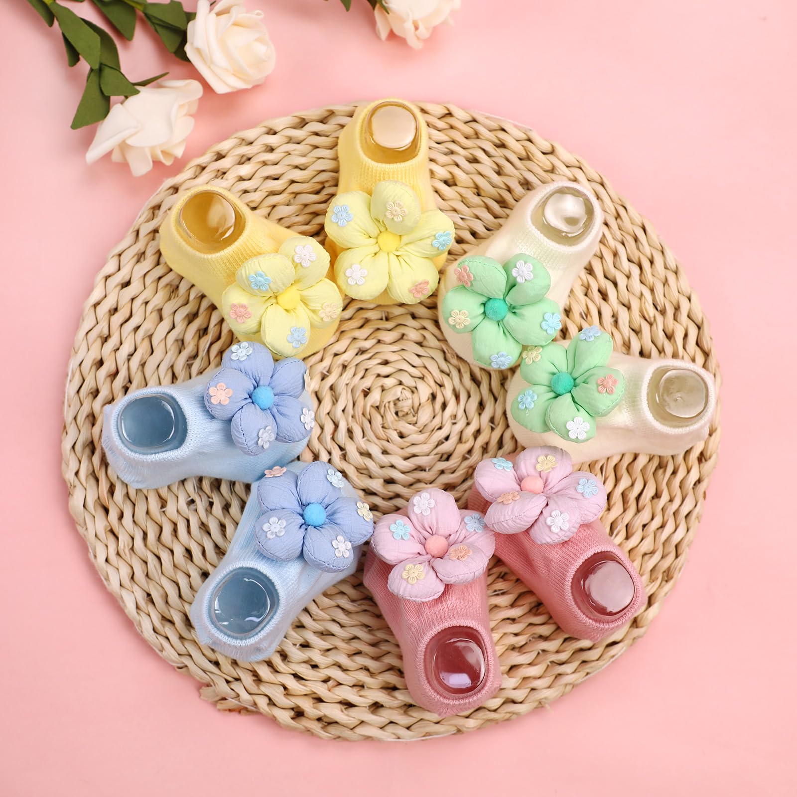 KEAINVRN 4Packs Baby Girls Socks,Flower Non-Slip Grips for Babies Toddler Princess Low Cut Ankle Socks for Girls