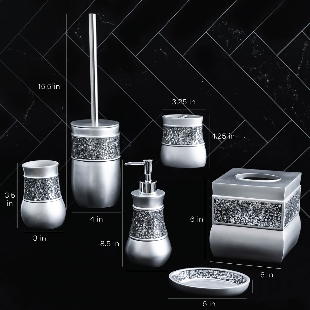 Creative Scents Crackled Glass Silver Bathroom Accessory Set – 4-Piece Vanity Set Includes: Lotion Soap Dispenser, Toothbrush Holder, Tumbler, and Soap Dish