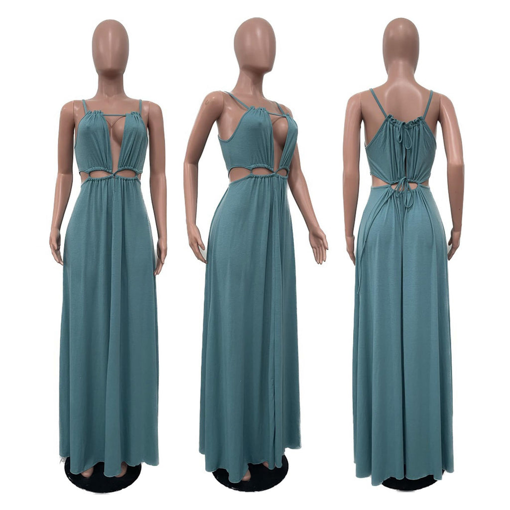 Geulis 2026 Women Summer Beach Dresses Sexy Cut Out Sleeveless Spaghetti Strap Halter Dress Flowy Maxi Vacation Dress