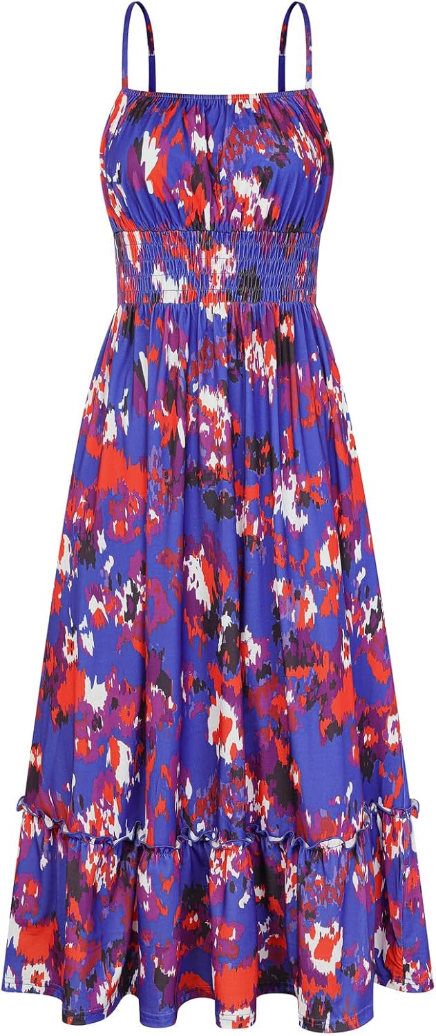 GRACE KARIN Summer Dresses for Women 2026 Vacation,Smocked Floral Maxi Dress,Boho Beach Sundress with Pocket Fashion Clothing