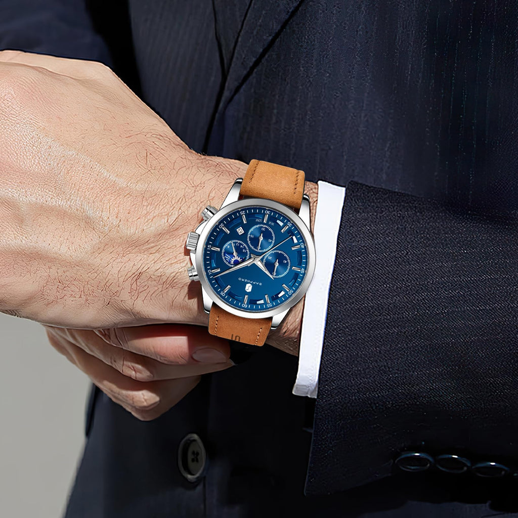 SAPPHERO Chronograph Watches for Men, Original Business Casual Stainless Steel Analog Watch 50M Waterproof Luminous Watches with Date Dial, Mens Gift