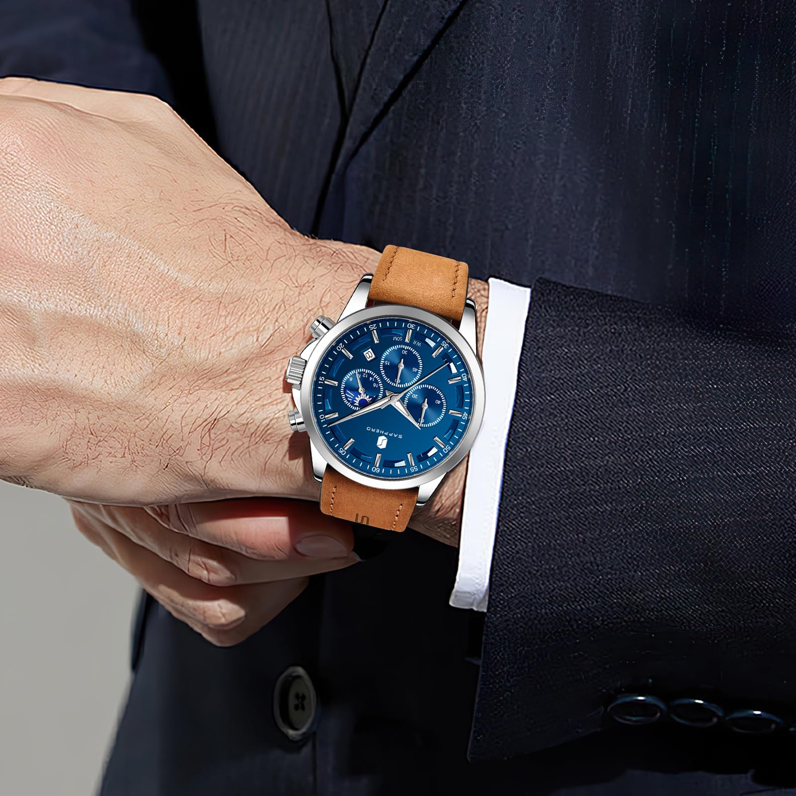 SAPPHERO Chronograph Watches for Men, Original Business Casual Stainless Steel Analog Watch 50M Waterproof Luminous Watches with Date Dial, Mens Gift