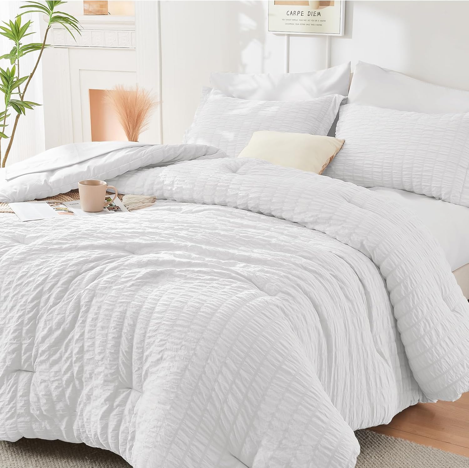 HYMOKEGE 7 Piece King Size Comforter Set Seersucker, All Season Luxury Bed in a Bag for Bedroom, Bedding Set with Comforters, Sheets, Pillowcases & Shams, Dark Grey