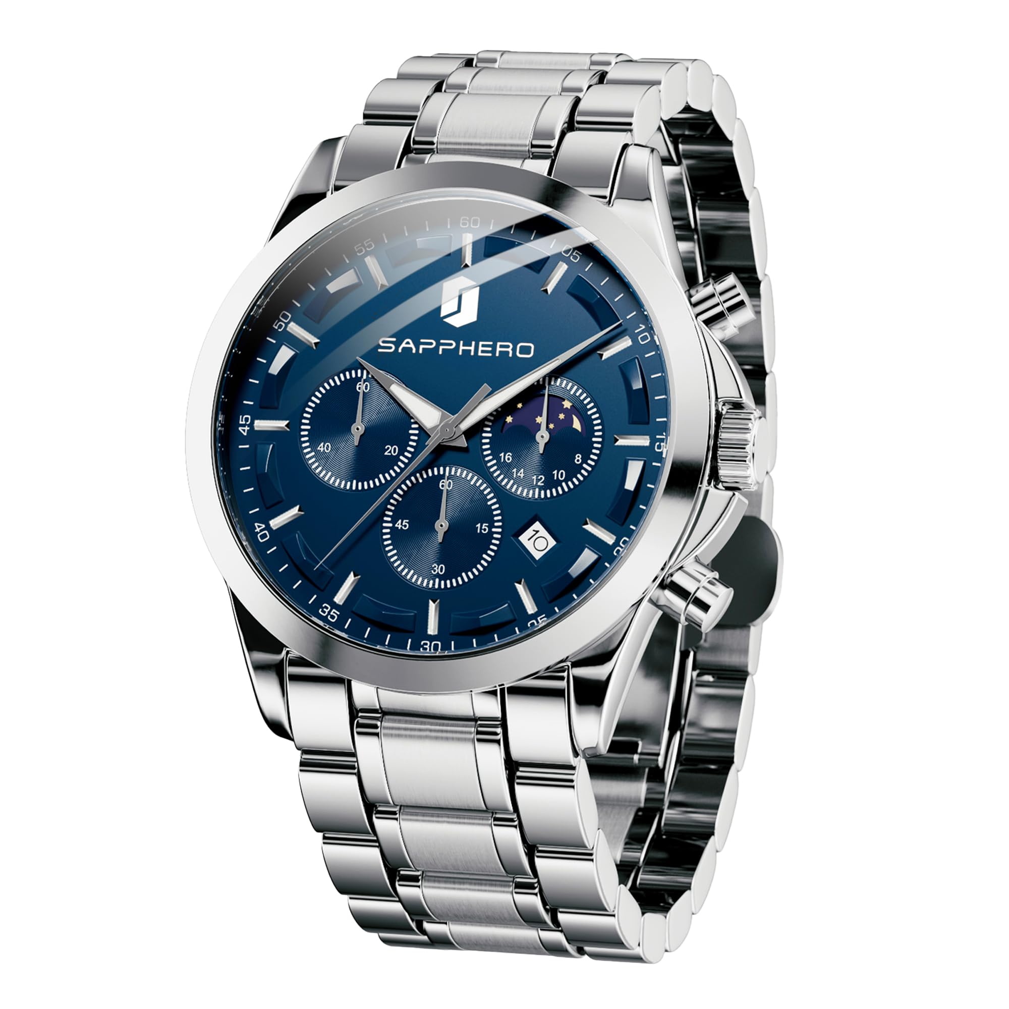 SAPPHERO Chronograph Watches for Men, Original Business Casual Stainless Steel Analog Watch 50M Waterproof Luminous Watches with Date Dial, Mens Gift