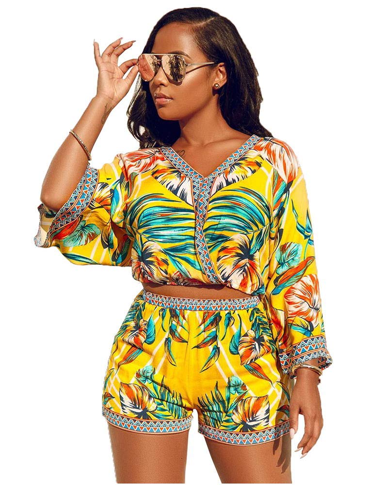 Sexy Two Piece Shorts Set - African Floral Jumpsuits Rompers Vacation Club Outfit