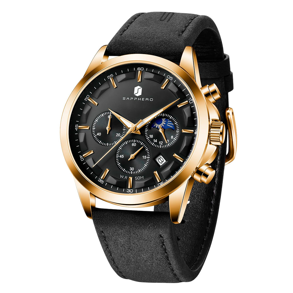 SAPPHERO Chronograph Watches for Men, Original Business Casual Stainless Steel Analog Watch 50M Waterproof Luminous Watches with Date Dial, Mens Gift