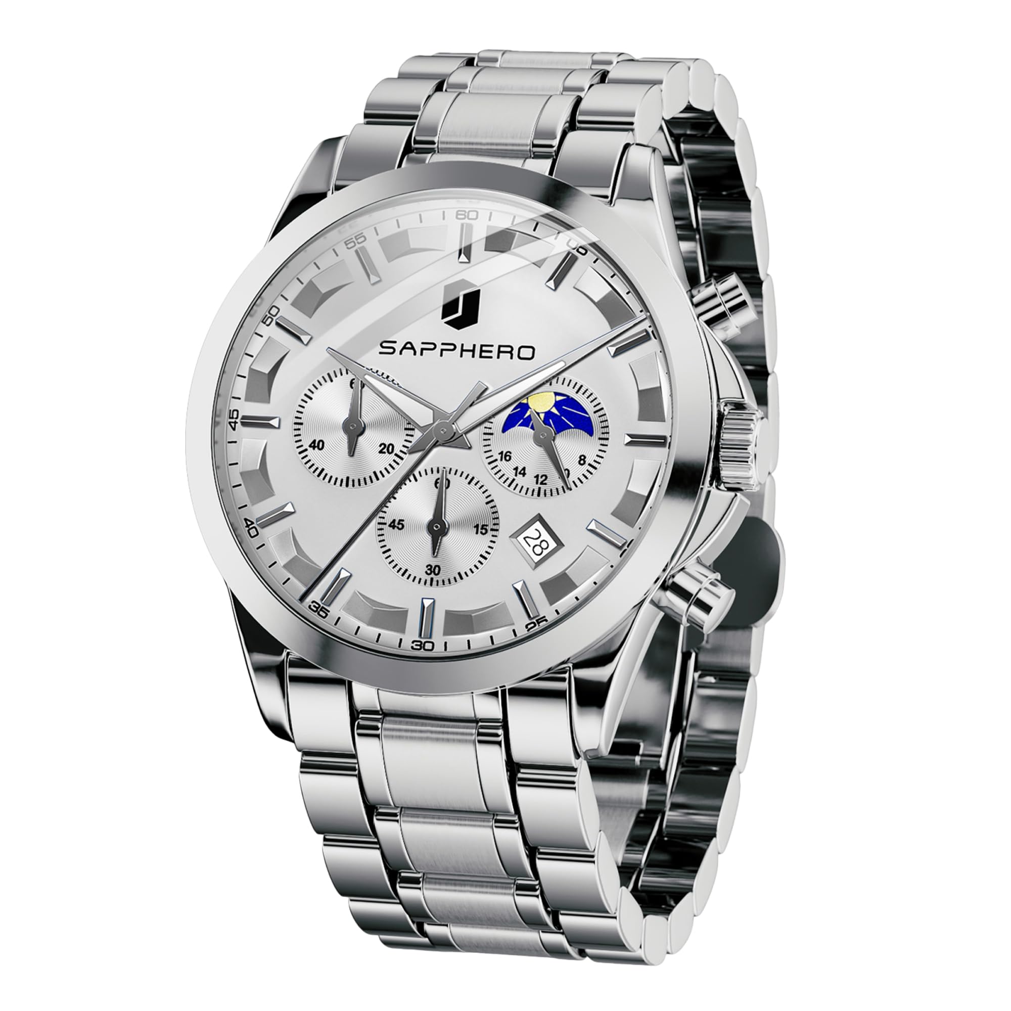 SAPPHERO Chronograph Watches for Men, Original Business Casual Stainless Steel Analog Watch 50M Waterproof Luminous Watches with Date Dial, Mens Gift