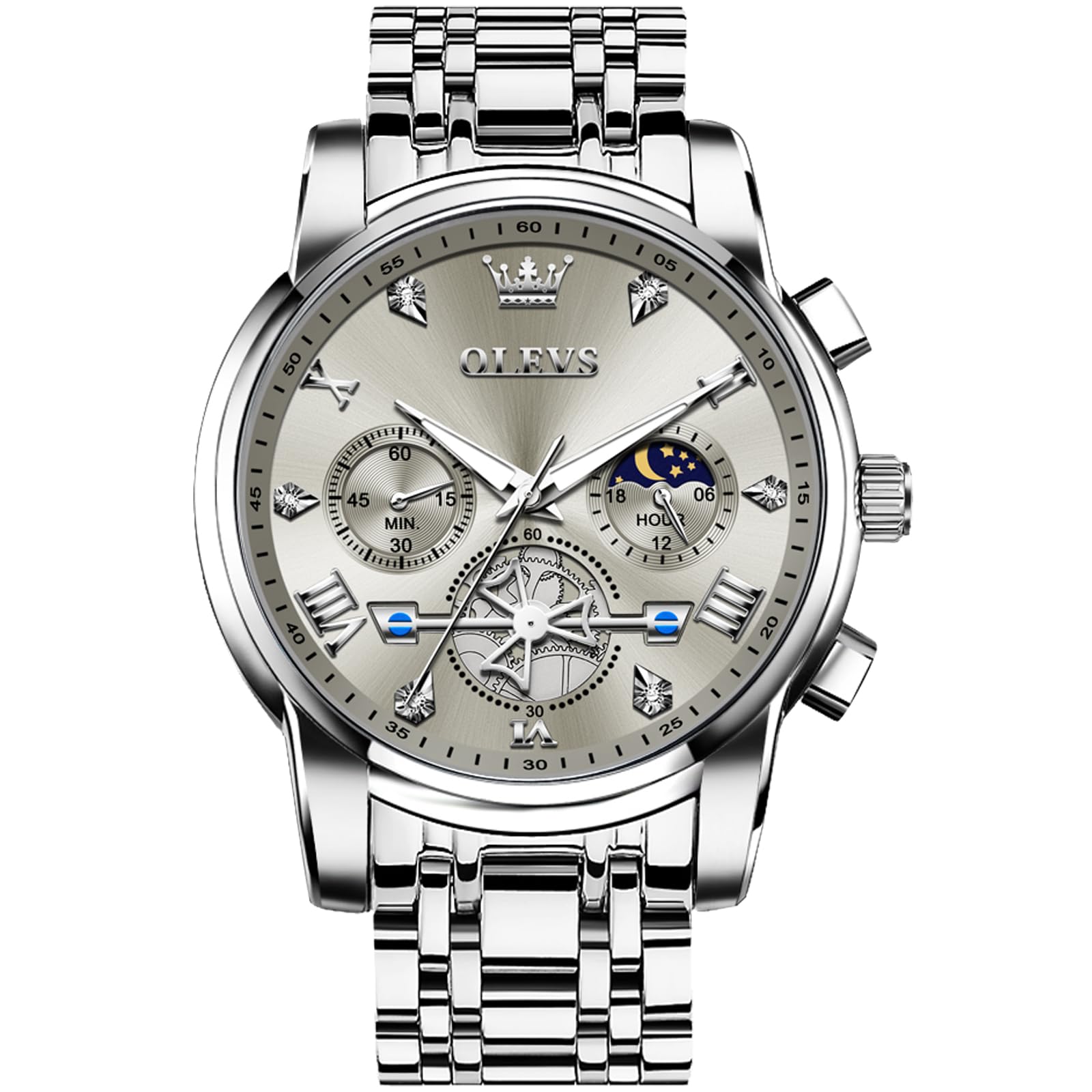 OLEVS Watches Men Waterproof Luxury Big Face Mens Watch Stainless Steel Quartz Analog Dress Watches for Men Luminous Multifunction Man Watch Relojes De Hombre