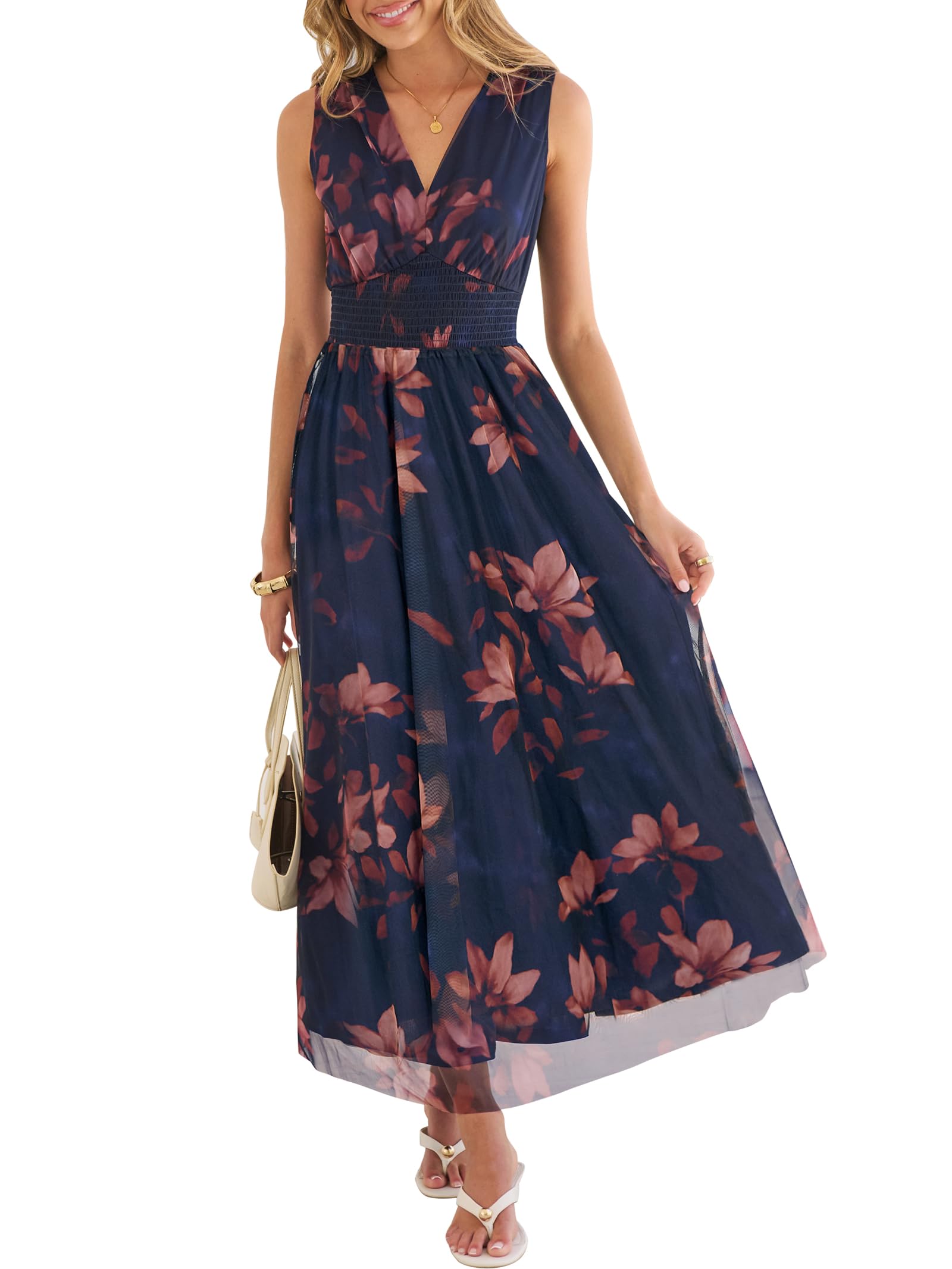 ANRABESS Womens Summer Floral Maxi Dress, A Line Tulle,Elegant for Wedding Guest & Beach Vacation,Flowy Casual Boho Outfits