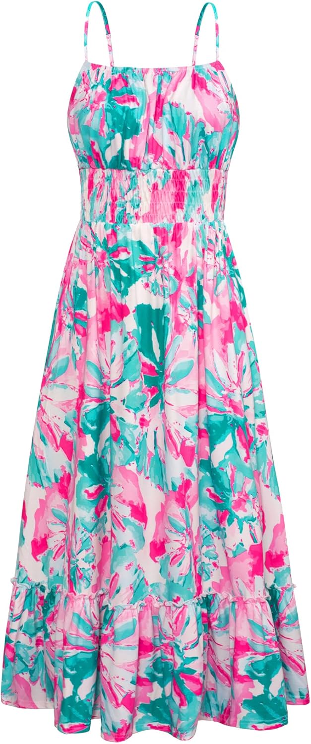 GRACE KARIN Summer Dresses for Women 2026 Vacation,Smocked Floral Maxi Dress,Boho Beach Sundress with Pocket Fashion Clothing