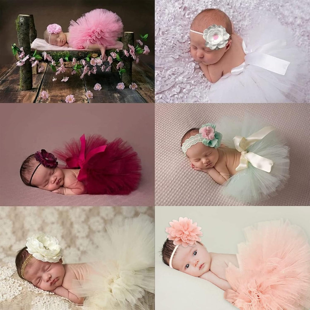 4 PCS Newborn Photography Props Outfits-BabyTutu Skirt Cute Bow Headdress and Lace Rompers Flower Headband Sets for Infants Girl Boy