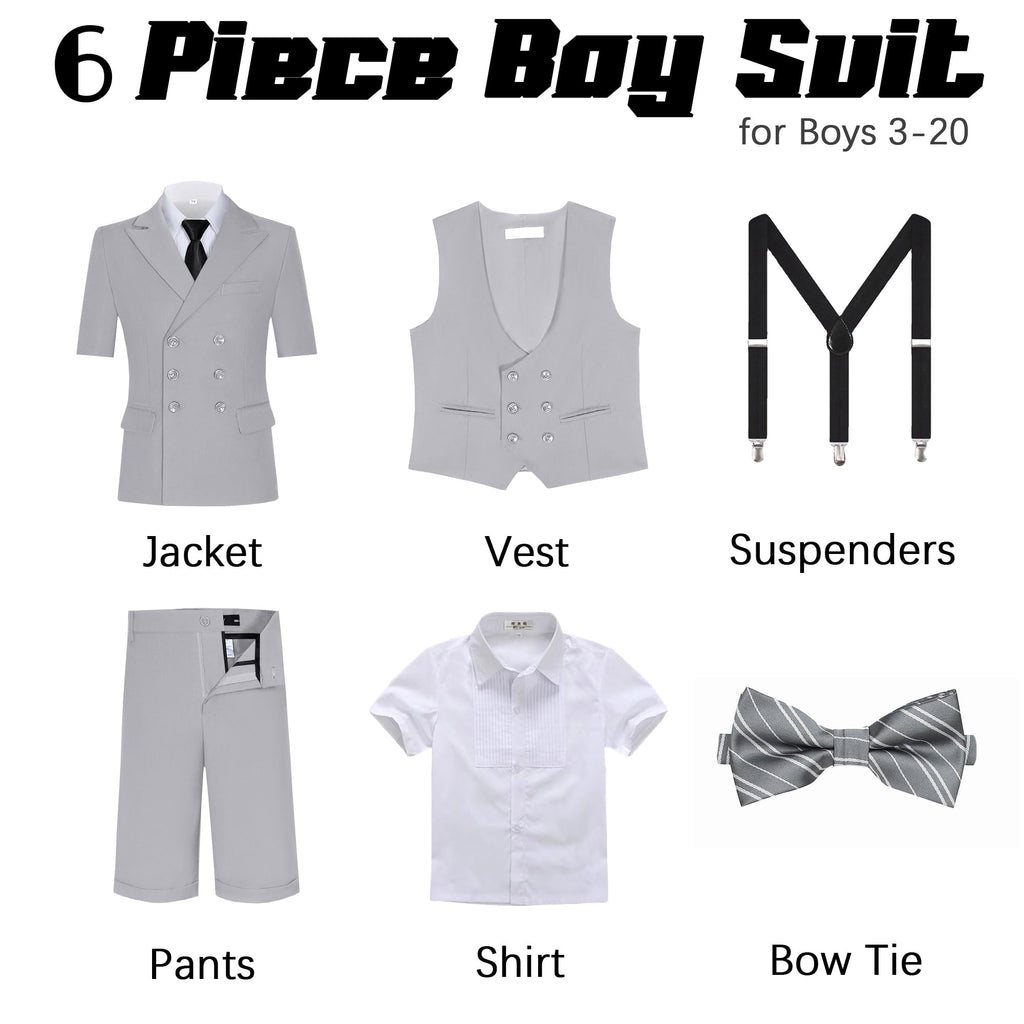 Short Suits for Boys Kid 6 Pieces Summer Tuxedo Formal Suit Beach Wedding Outfit for Teens Jacket Vest Shorts Pants Set