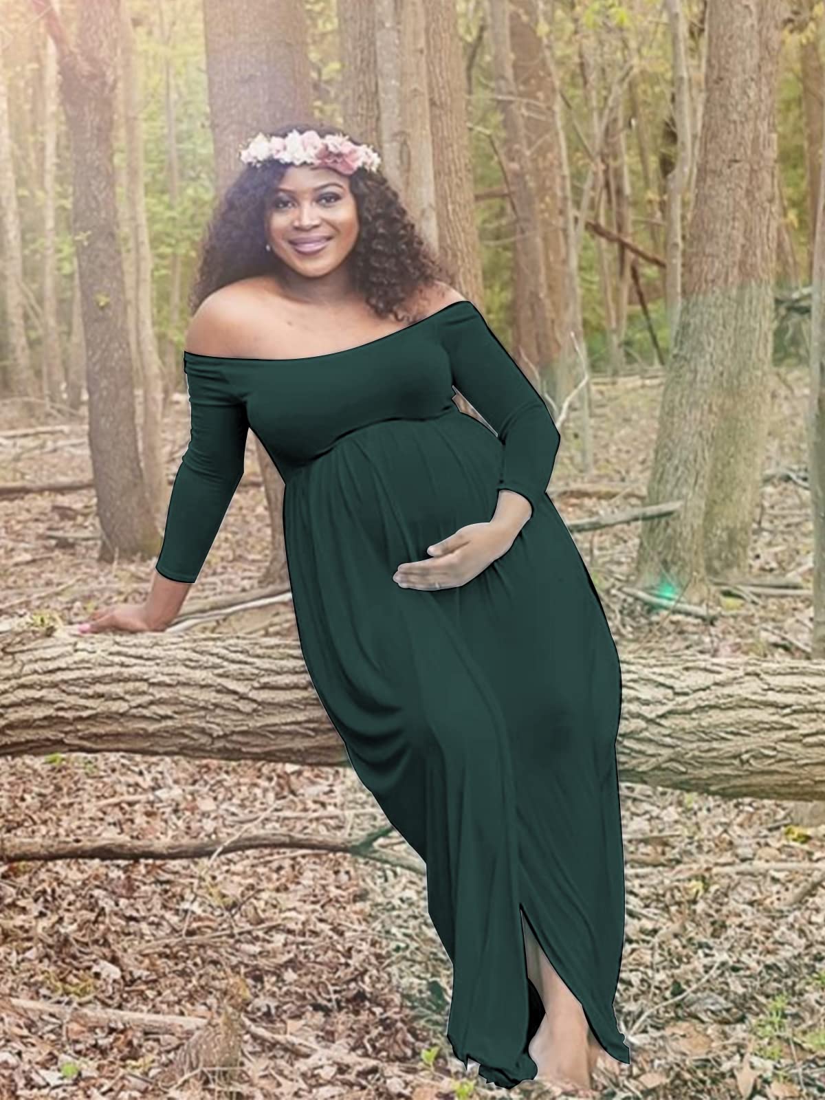 YnimioAOX Women's Off Shoulder Long Sleeve Maternity Dress for Photography Chiffon Maternity Gown for Photoshoot