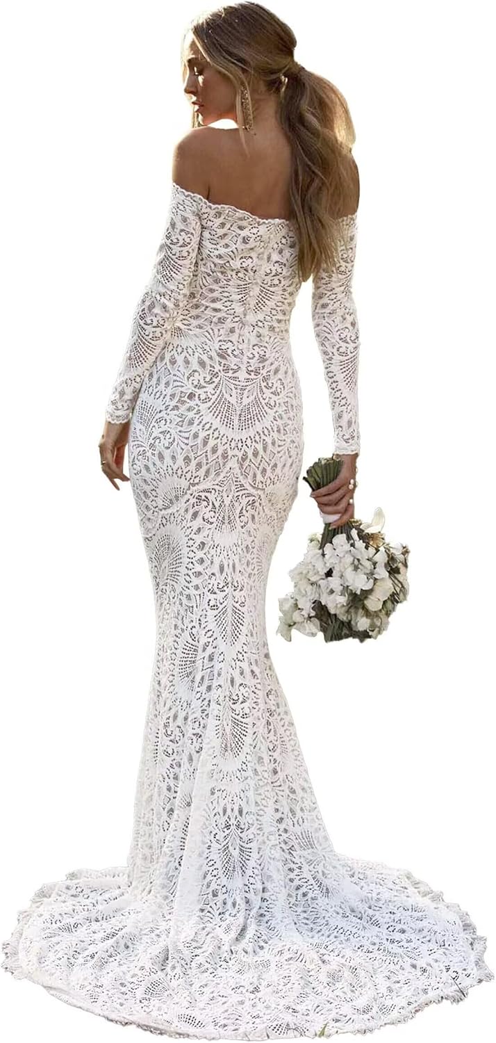 Boho Wedding Dress for Bride Mermaid Lace Applique Beach Bridal Gowns BOFD5