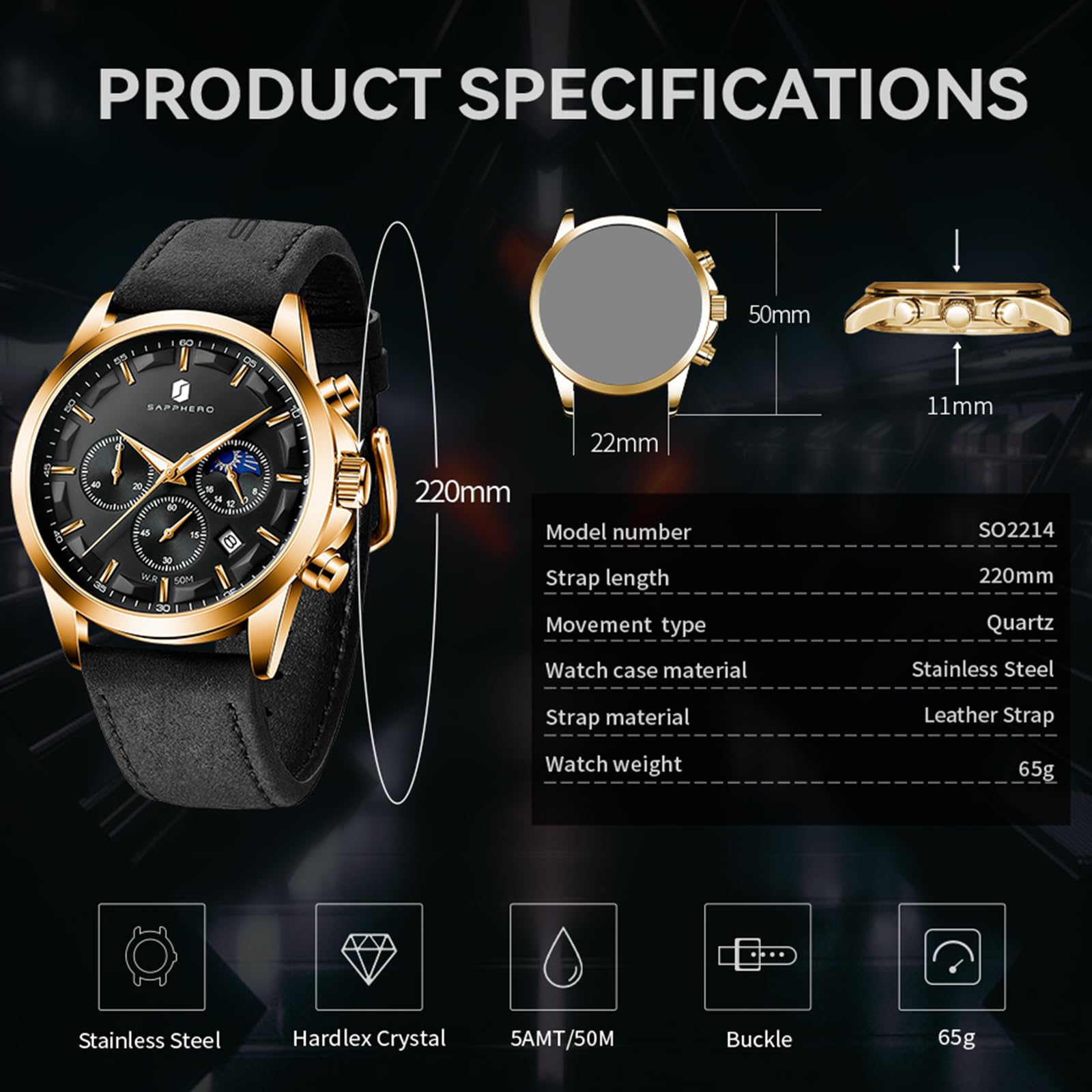 SAPPHERO Chronograph Watches for Men, Original Business Casual Stainless Steel Analog Watch 50M Waterproof Luminous Watches with Date Dial, Mens Gift