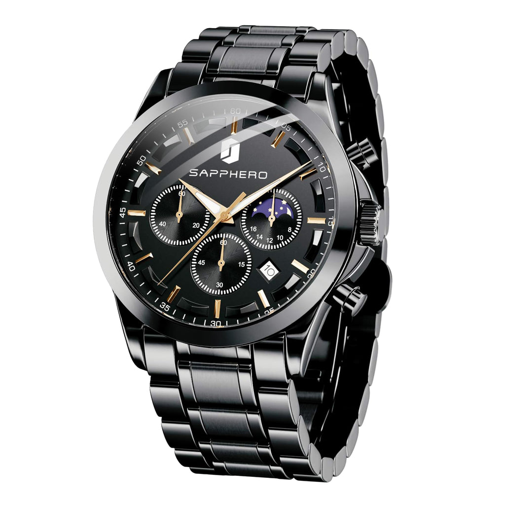 SAPPHERO Chronograph Watches for Men, Original Business Casual Stainless Steel Analog Watch 50M Waterproof Luminous Watches with Date Dial, Mens Gift