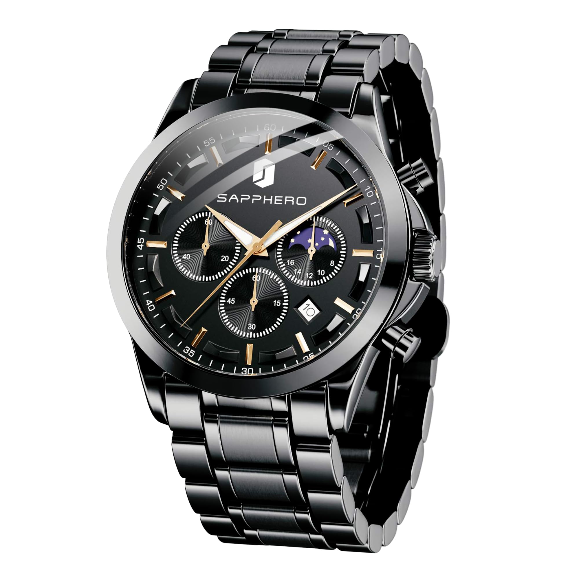 SAPPHERO Chronograph Watches for Men, Original Business Casual Stainless Steel Analog Watch 50M Waterproof Luminous Watches with Date Dial, Mens Gift