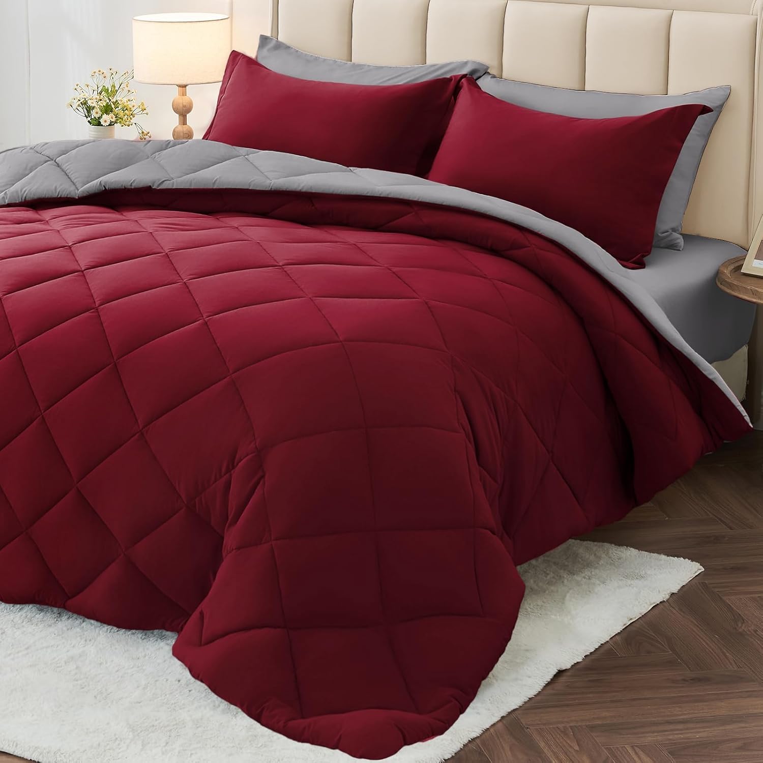 MUXHOMO 7 Pieces King Comforter Set, Reversible Bed in a Bag King Size, All Season Bedding Set with Comforter, Flat Sheet, Fitted Sheet, Pillowcases & Shams, Red & Black