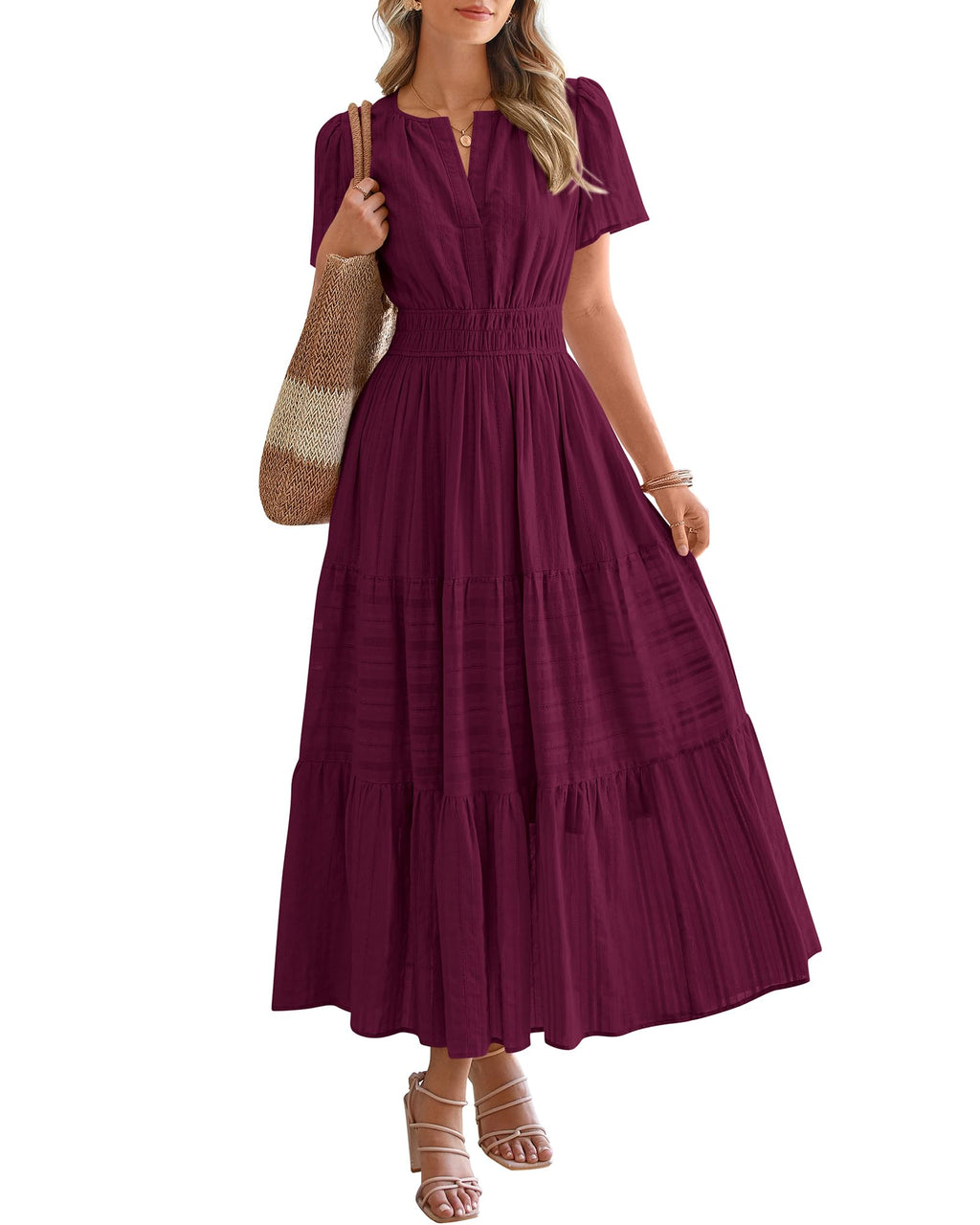 BTFBM Womens Summer 2026 Casual Midi Maxi Dresses Lightweight Short Sleeve V Neck Elastic Waist Boho Beach Dress Pockets