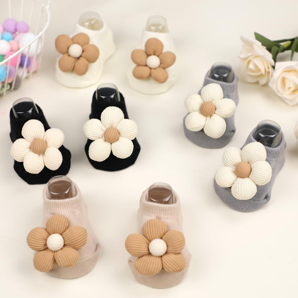 KEAINVRN 4Packs Baby Girls Socks,Flower Non-Slip Grips for Babies Toddler Princess Low Cut Ankle Socks for Girls
