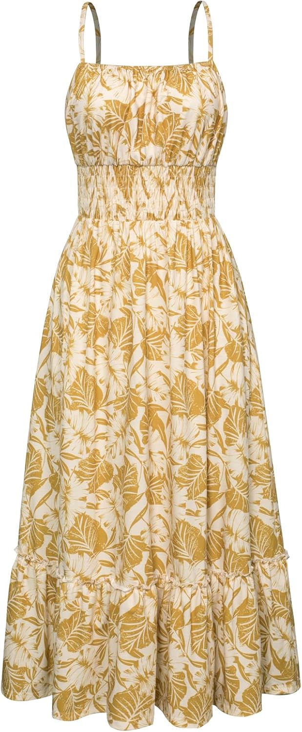 GRACE KARIN Summer Dresses for Women 2026 Vacation,Smocked Floral Maxi Dress,Boho Beach Sundress with Pocket Fashion Clothing