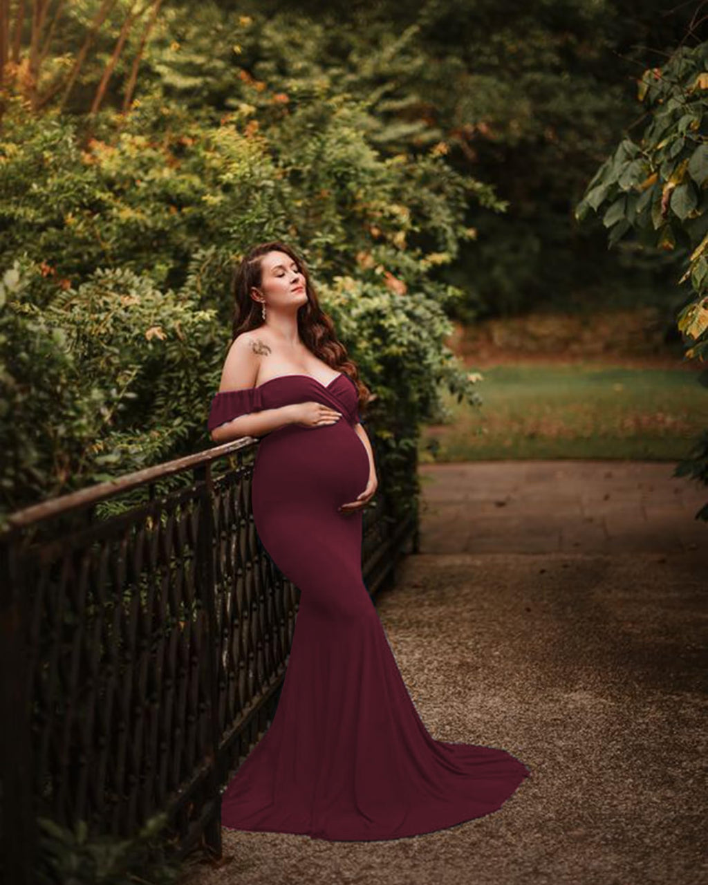 Saslax Off Shoulder Ruffle Sleeves Elegant Fitted Maxi Maternity Dress for Photoshoot Baby Shower