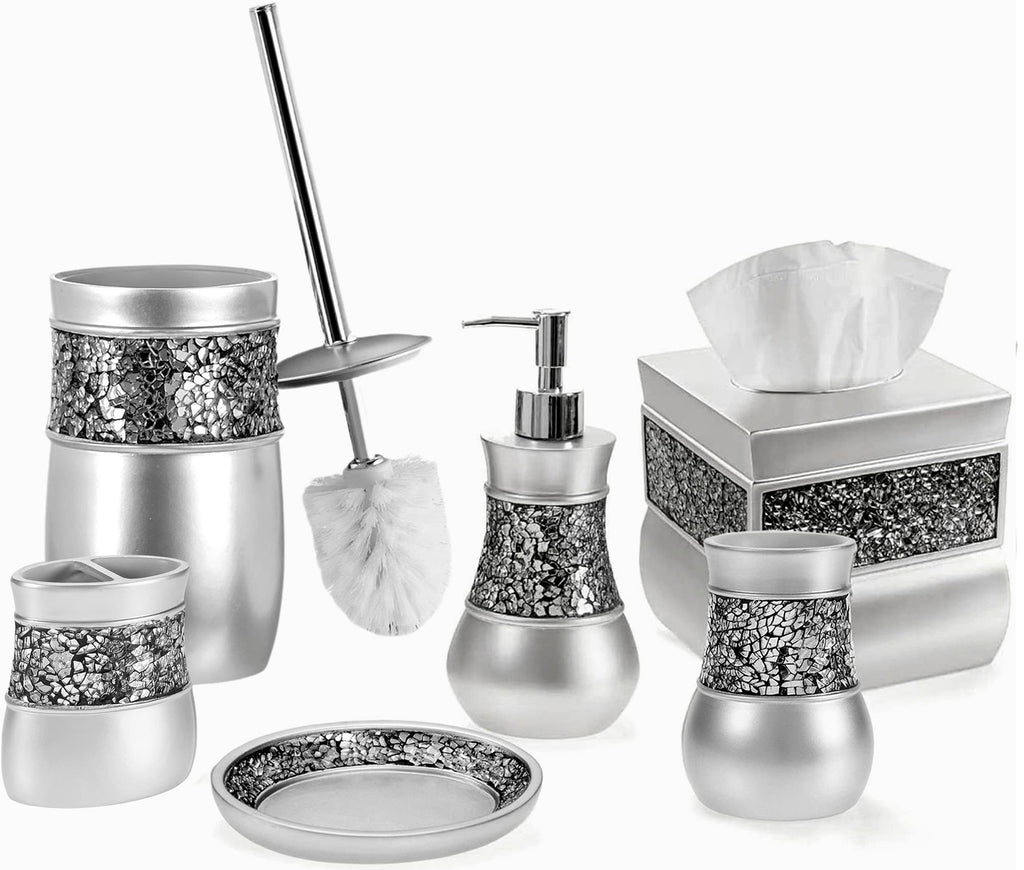 Creative Scents Crackled Glass Silver Bathroom Accessory Set – 4-Piece Vanity Set Includes: Lotion Soap Dispenser, Toothbrush Holder, Tumbler, and Soap Dish