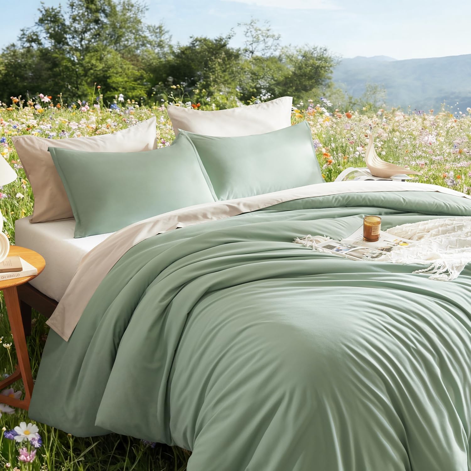 Litanika King Size Comforter Set, 3 Pieces Lightweight Solid Comforter King Size, All Season Fluffy Down Alternative Comforter Bed Set Quilt Blanket, Sage Green, King