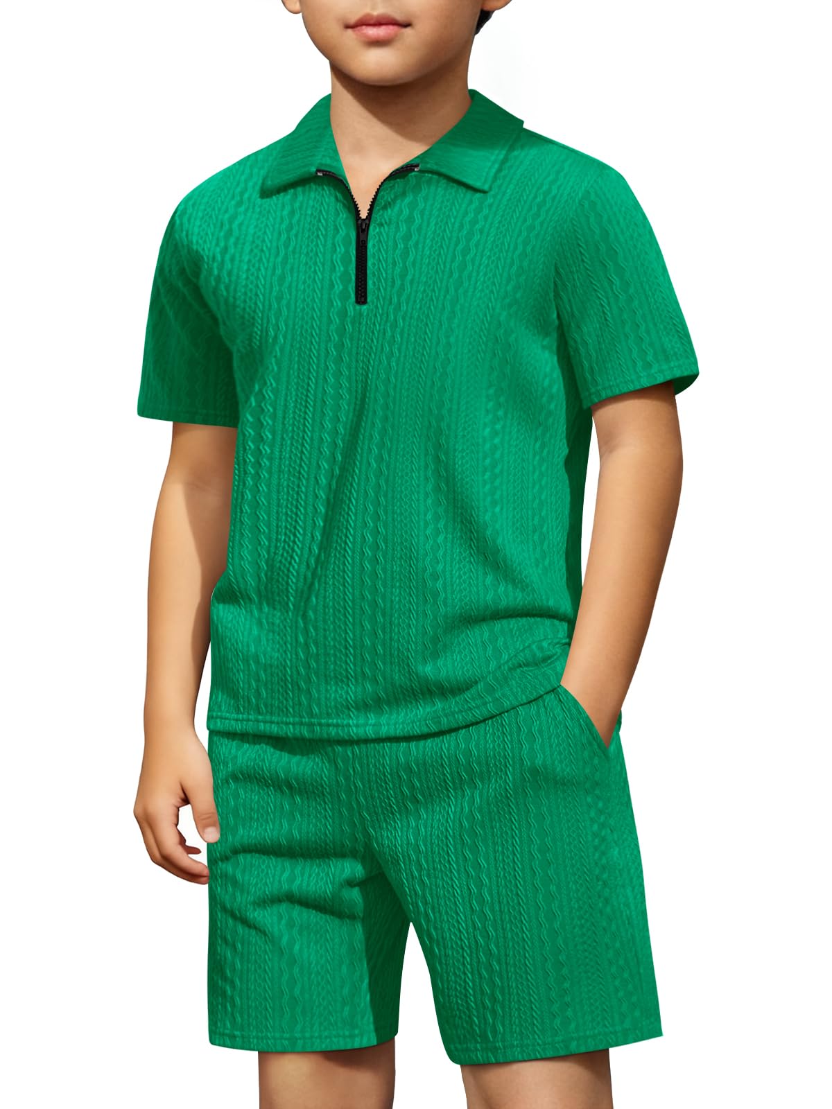 Haloumoning Boys 2 Piece Summer Outfits Kids Quarter Zip Polo Shirt and Shorts Set Athletic Tracksuit 5-14 Years