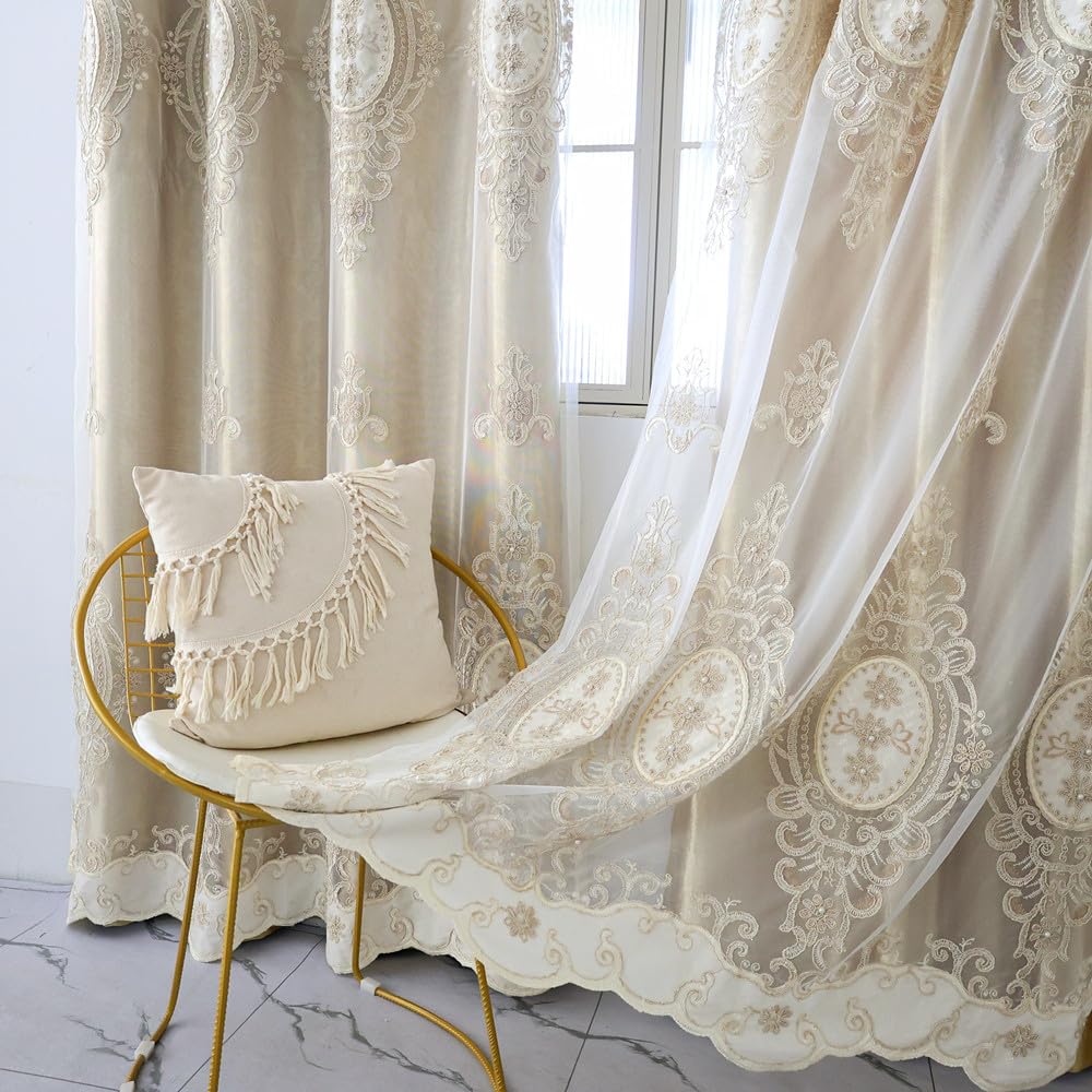 Amidoudou 1 Pair European Double Layer Curtains with Valances for Living Room Bedroom Luxury 3D Flower Embroidered Curtains (Yellow,52x96 Inch)
