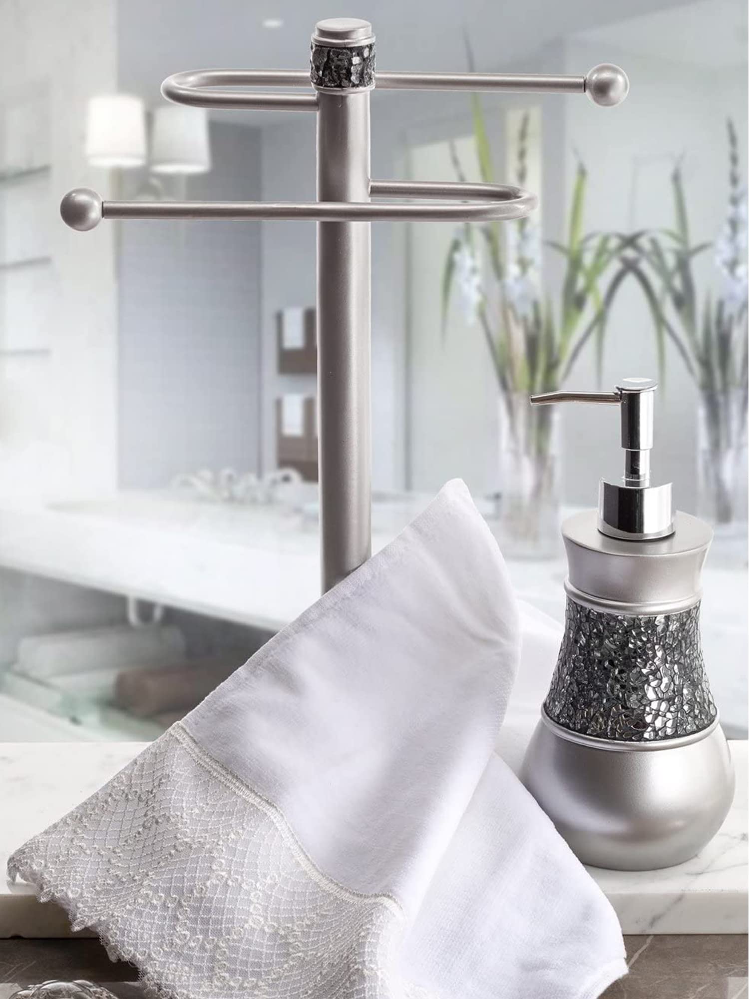 Creative Scents Crackled Glass Silver Bathroom Accessory Set – 4-Piece Vanity Set Includes: Lotion Soap Dispenser, Toothbrush Holder, Tumbler, and Soap Dish