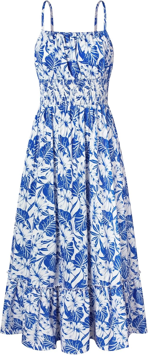 GRACE KARIN Summer Dresses for Women 2026 Vacation,Smocked Floral Maxi Dress,Boho Beach Sundress with Pocket Fashion Clothing