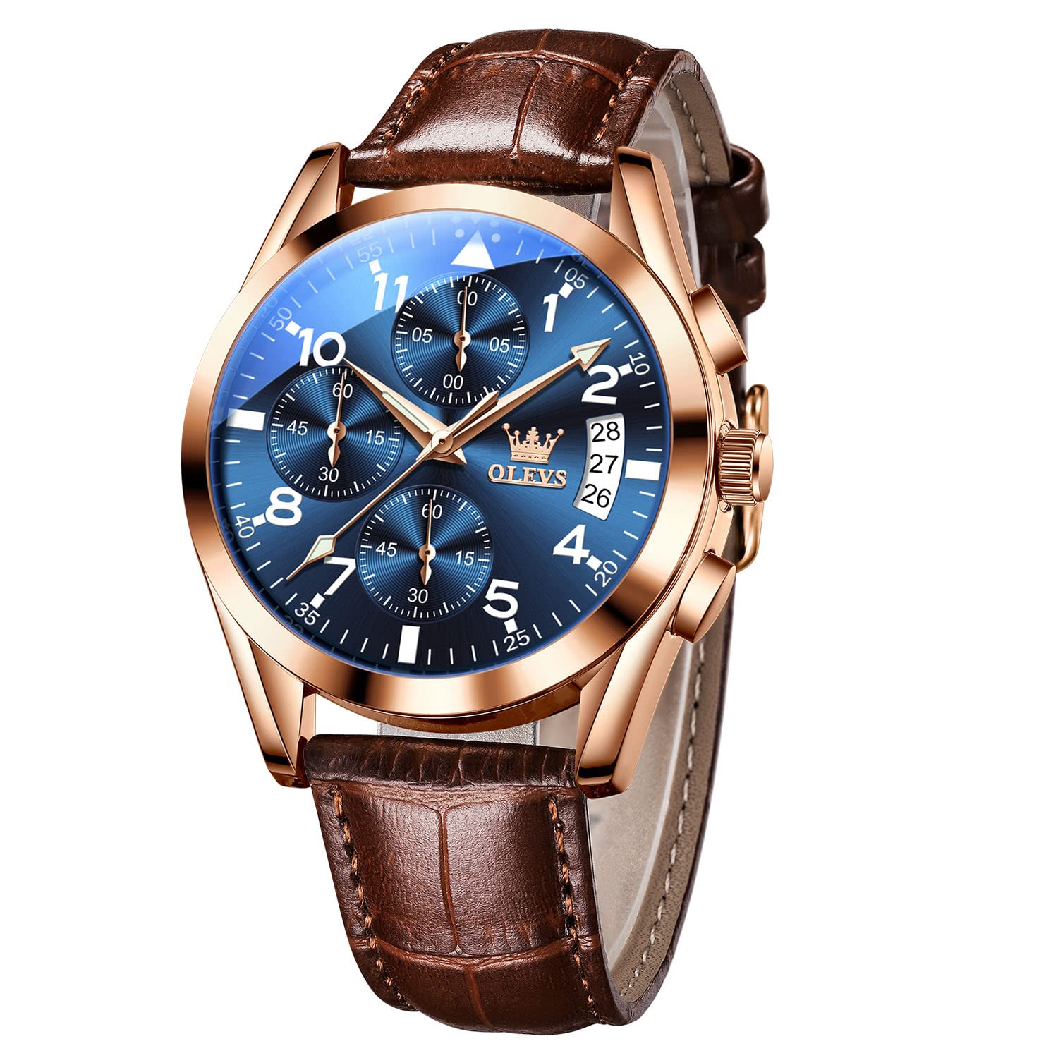 OLEVS Men's Casual Leather Watch, Big Face Chronograph Watch for Men, Fashion Easy to Read Dress Watch, Men's Waterproof Luminous Date Analog Watch, Gold/Black/White/Blue Dial