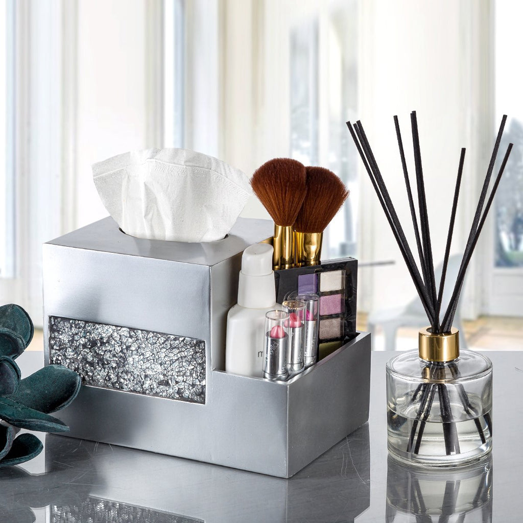 Creative Scents Crackled Glass Silver Bathroom Accessory Set – 4-Piece Vanity Set Includes: Lotion Soap Dispenser, Toothbrush Holder, Tumbler, and Soap Dish