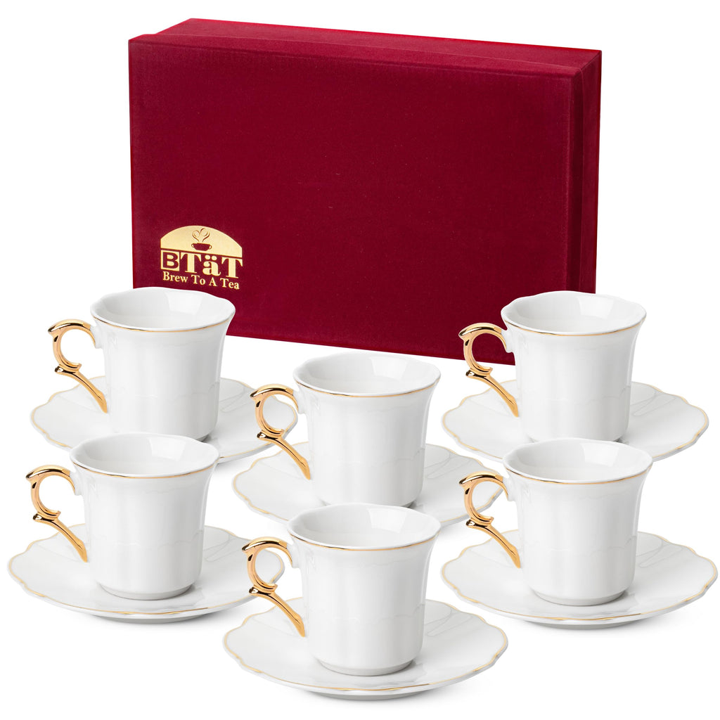 BTaT- Turkish Coffee Cup Set, 3 oz, 6 Set (12 pcs), Elegant White Cups & Saucers with Gold Trim & Gift Box, Small Porcelain Espresso Set for Serving Greek, Arabic & Turkish Coffee, Gift Giving