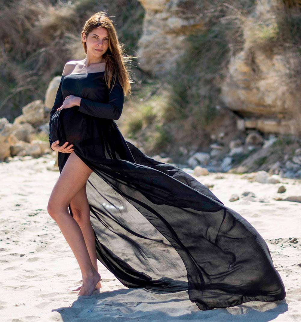 ZIUMUDY Maternity Maxi Chiffon Photography Dress Split Front Gown for Photoshoot