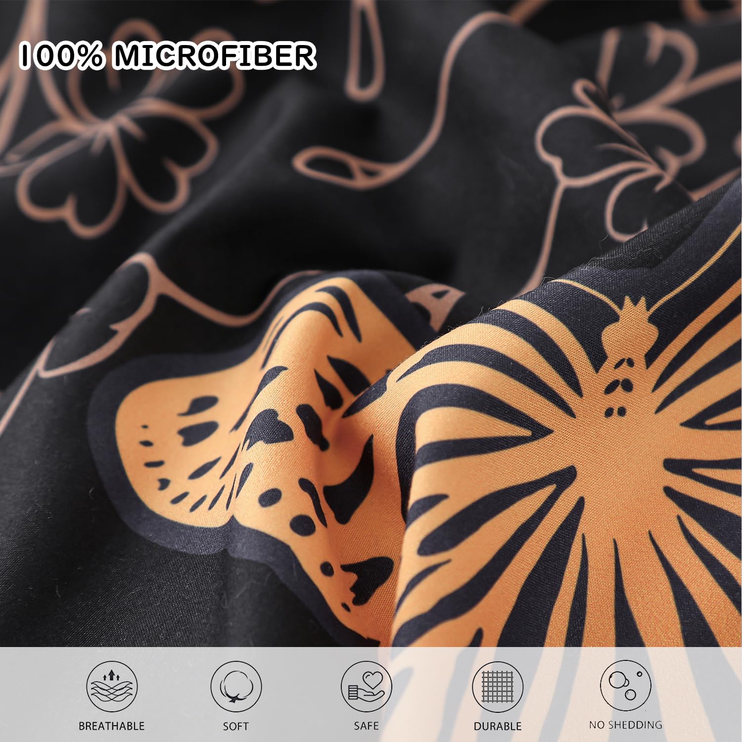 Yogeneg 7 Piece Bed in a Bag King Size Comforter Set Black Bedding Set,Gold Butterfly Leaves Printed on Black Reversible Design,Soft Microfiber Comforter with Sheet Set,All Season(Butterfly,King)