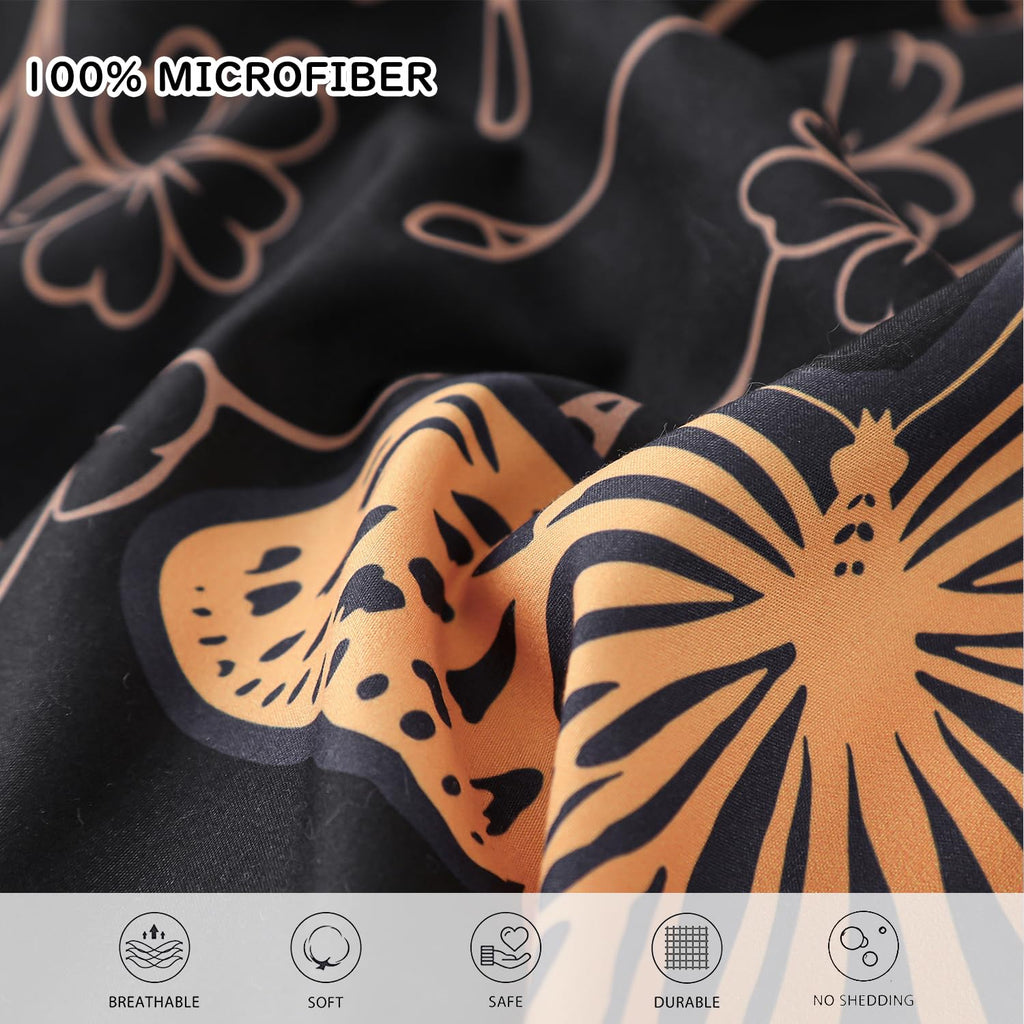 Yogeneg 7 Piece Bed in a Bag King Size Comforter Set Black Bedding Set,Gold Butterfly Leaves Printed on Black Reversible Design,Soft Microfiber Comforter with Sheet Set,All Season(Butterfly,King)