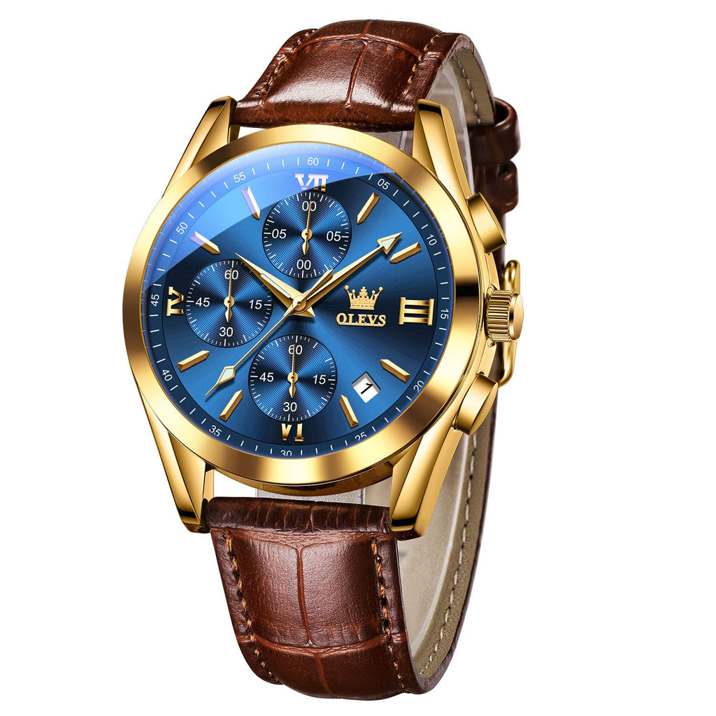 OLEVS Men's Casual Leather Watch, Big Face Chronograph Watch for Men, Fashion Easy to Read Dress Watch, Men's Waterproof Luminous Date Analog Watch, Gold/Black/White/Blue Dial
