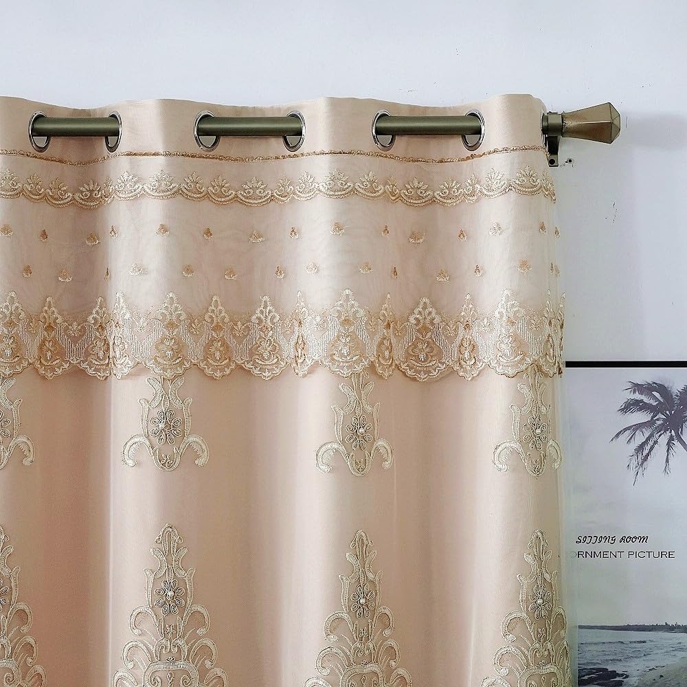 Amidoudou 1 Pair European Double Layer Curtains with Valances for Living Room Bedroom Luxury 3D Flower Embroidered Curtains (Yellow,52x96 Inch)