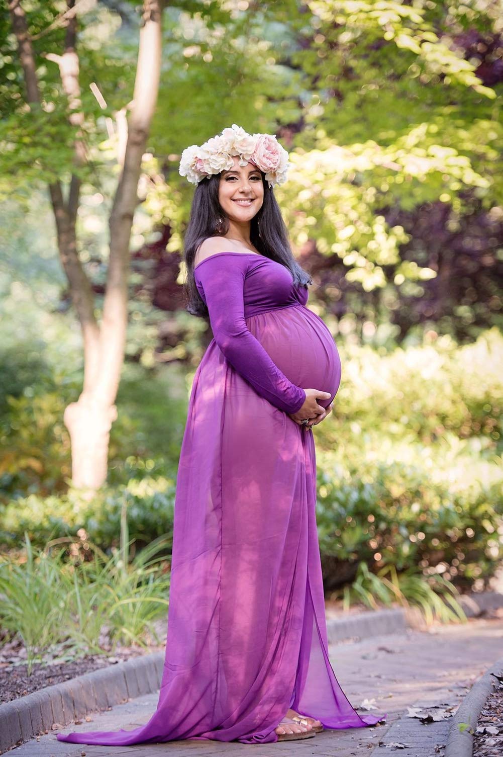 ZIUMUDY Maternity Maxi Chiffon Photography Dress Split Front Gown for Photoshoot