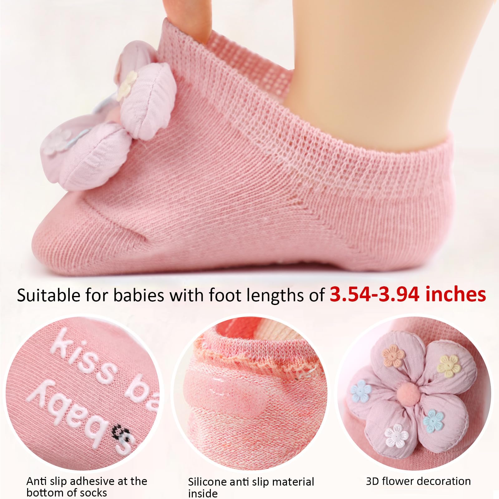KEAINVRN 4Packs Baby Girls Socks,Flower Non-Slip Grips for Babies Toddler Princess Low Cut Ankle Socks for Girls