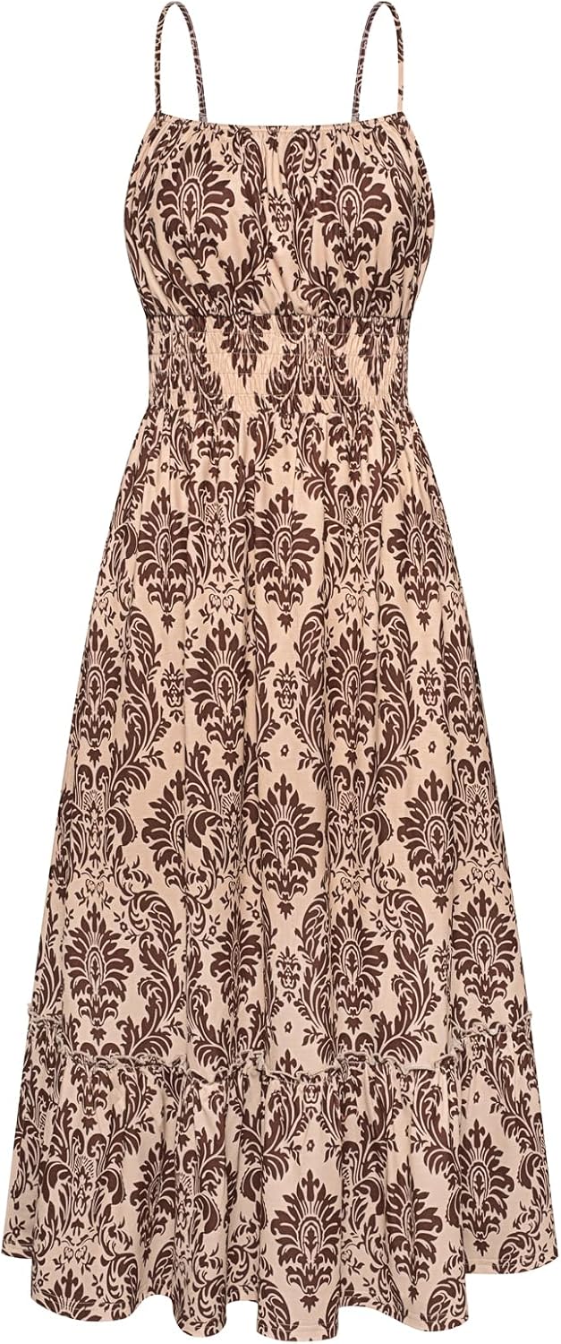 GRACE KARIN Summer Dresses for Women 2026 Vacation,Smocked Floral Maxi Dress,Boho Beach Sundress with Pocket Fashion Clothing